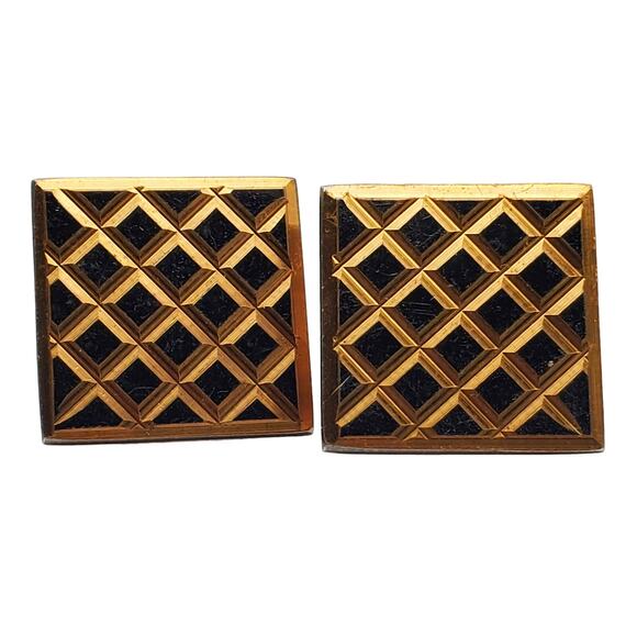 Square Black & Gold Tone Cufflinks Lattice Retro Grid Geometric Vintage Mens - Picture 1 of 10